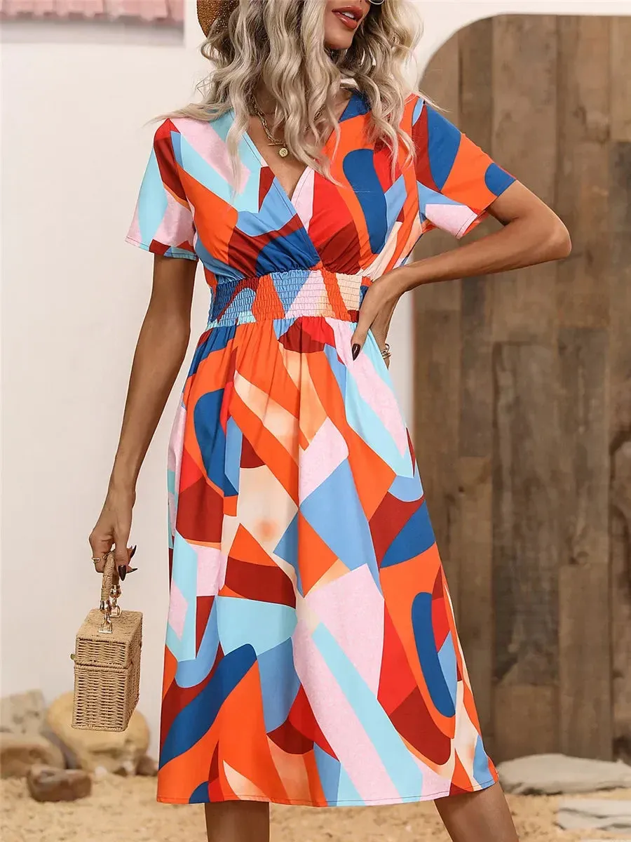 Floral Chic Summer Short Sleeve Fashionable Midi Dress