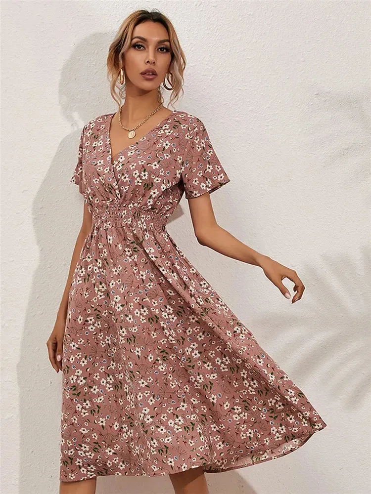 Floral Chic Summer Short Sleeve Fashionable Midi Dress