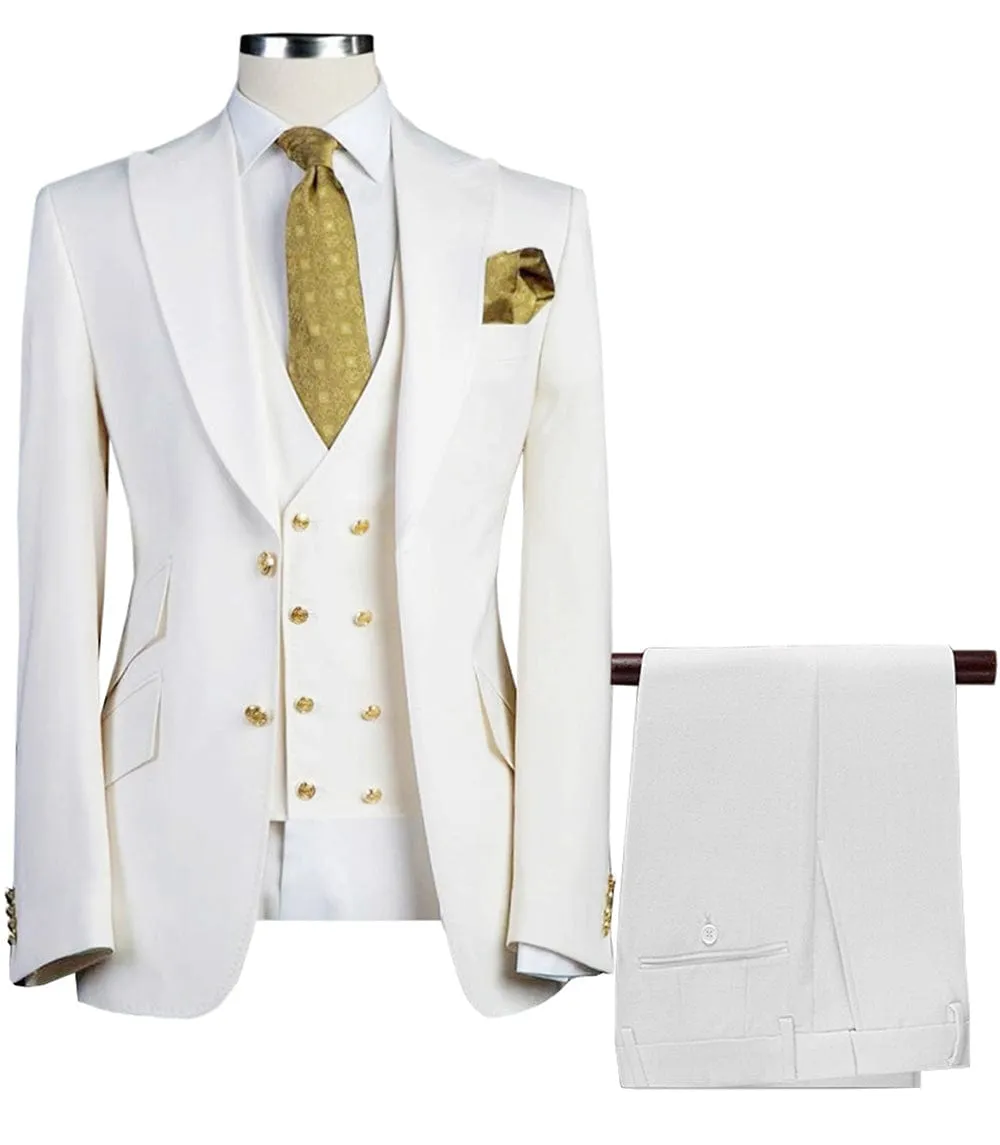 Formal Men's 3 Pieces Flat Peak Lapel Tuxedos For Wedding (Blazer vest Pants)