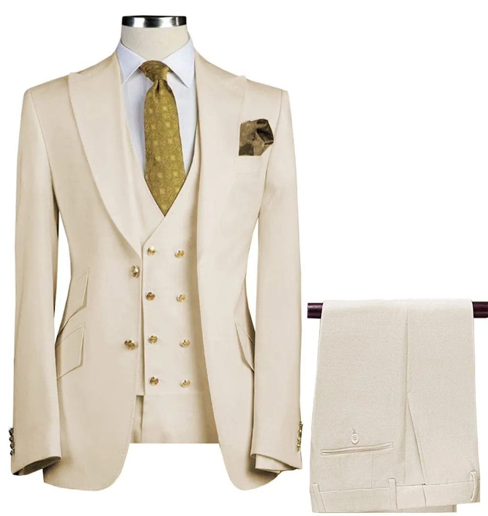 Formal Men's 3 Pieces Flat Peak Lapel Tuxedos For Wedding (Blazer vest Pants)