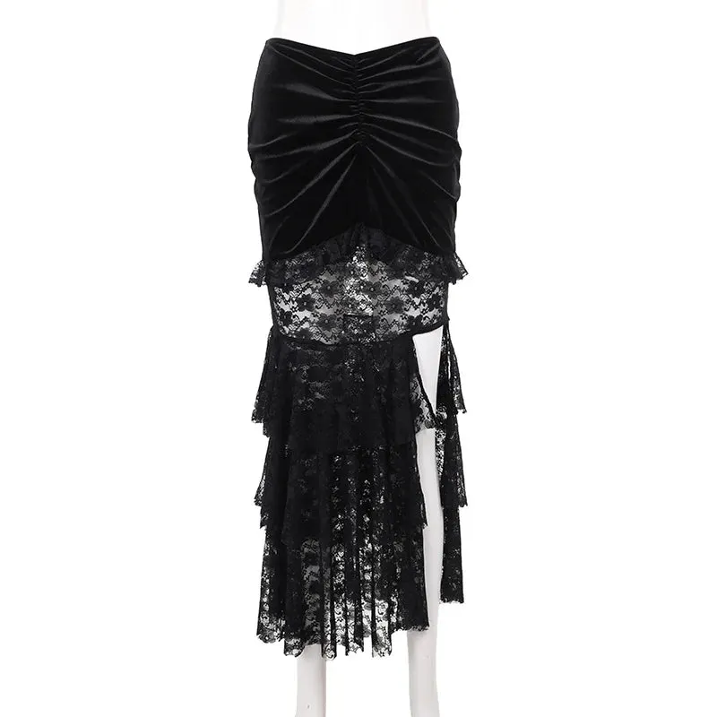 Gothic Folding Fishtail Velvet Skirt with Lace Patchwork