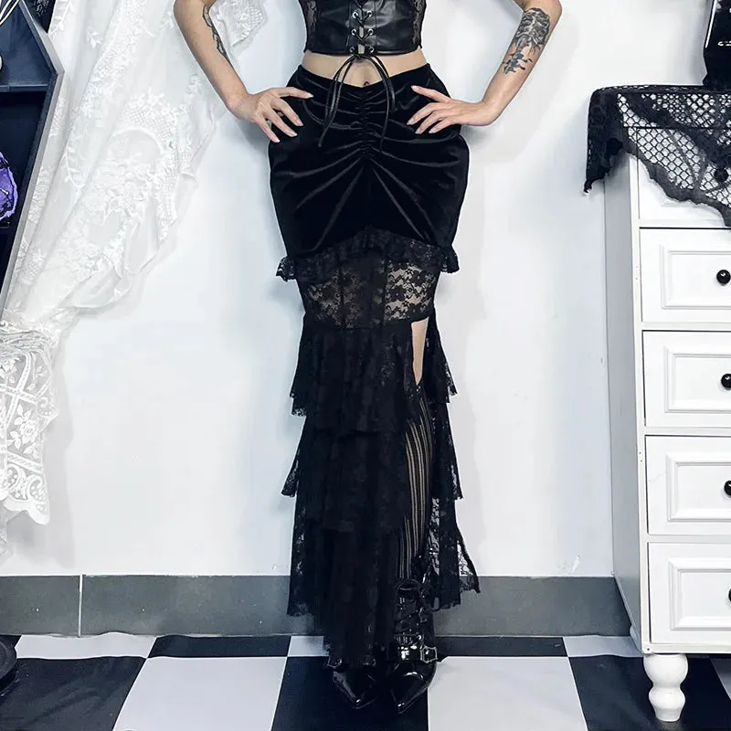 Gothic Folding Fishtail Velvet Skirt with Lace Patchwork