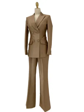 Khaki Worsted Wool Double-Breasted Slim Fit Pant Suit