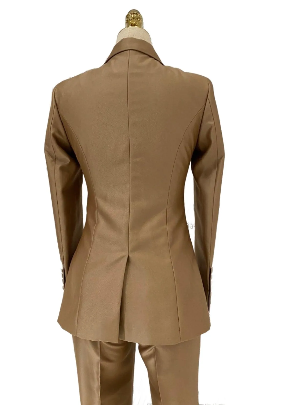 Khaki Worsted Wool Double-Breasted Slim Fit Pant Suit