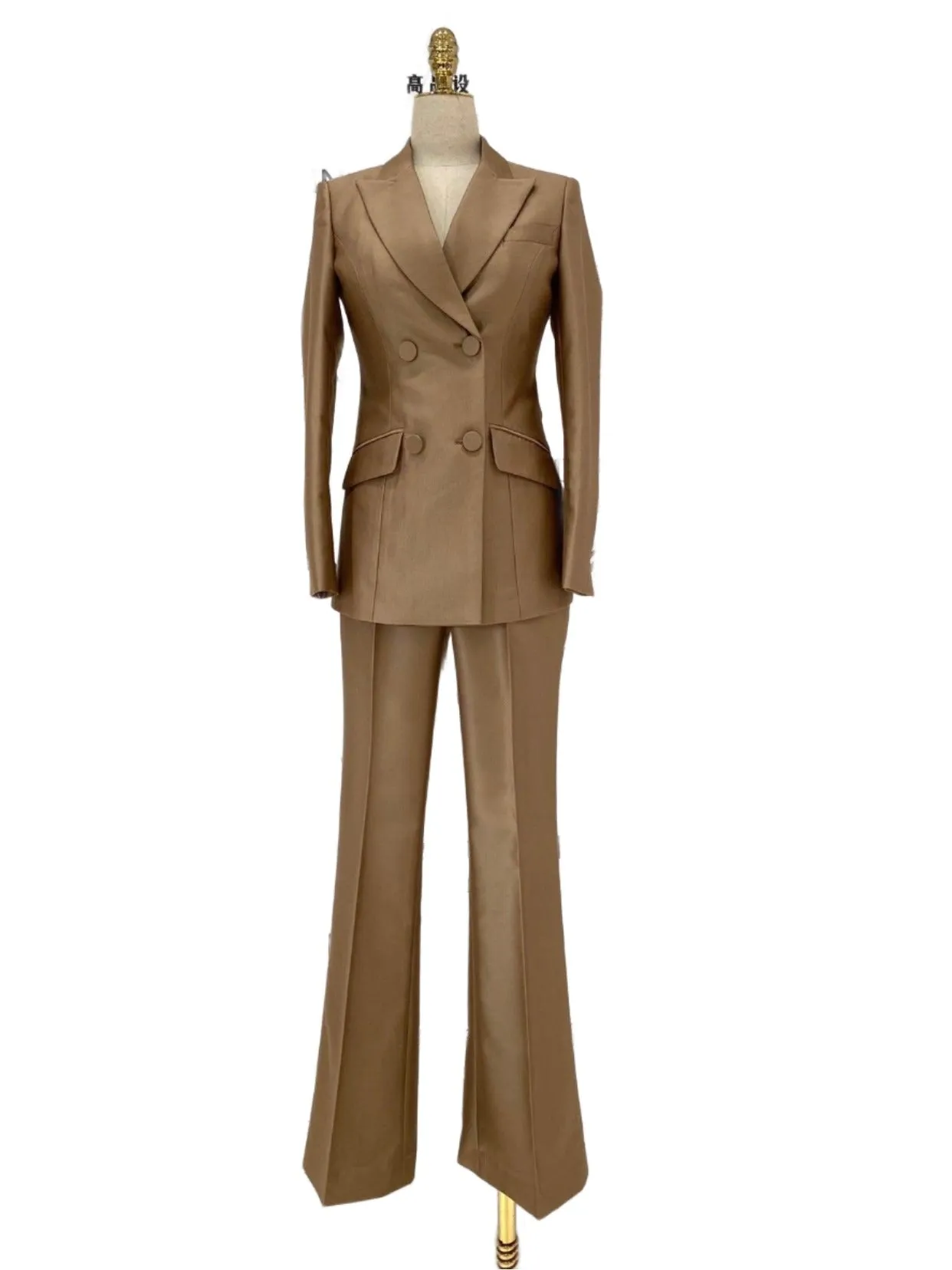 Khaki Worsted Wool Double-Breasted Slim Fit Pant Suit