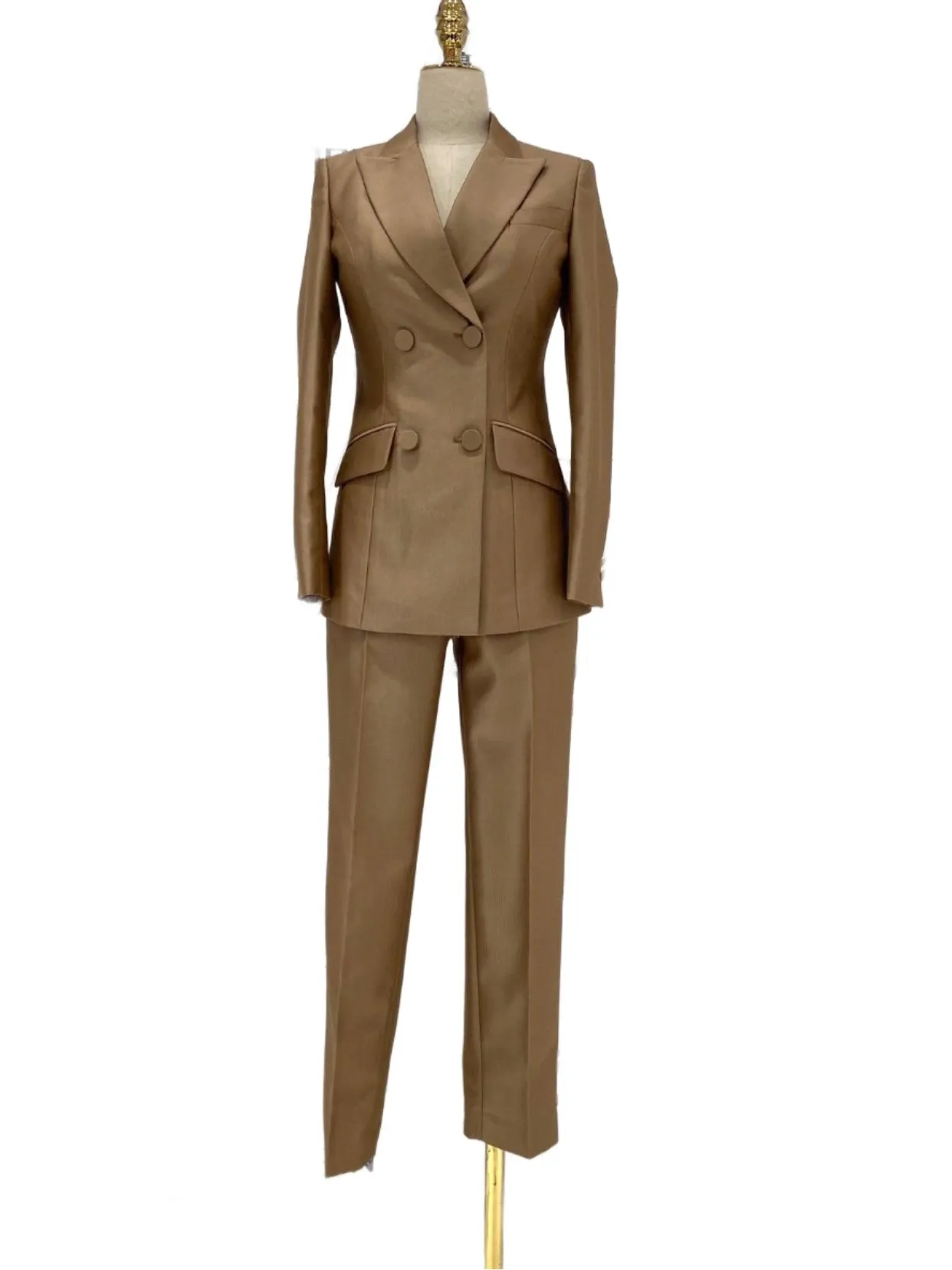 Khaki Worsted Wool Double-Breasted Slim Fit Pant Suit