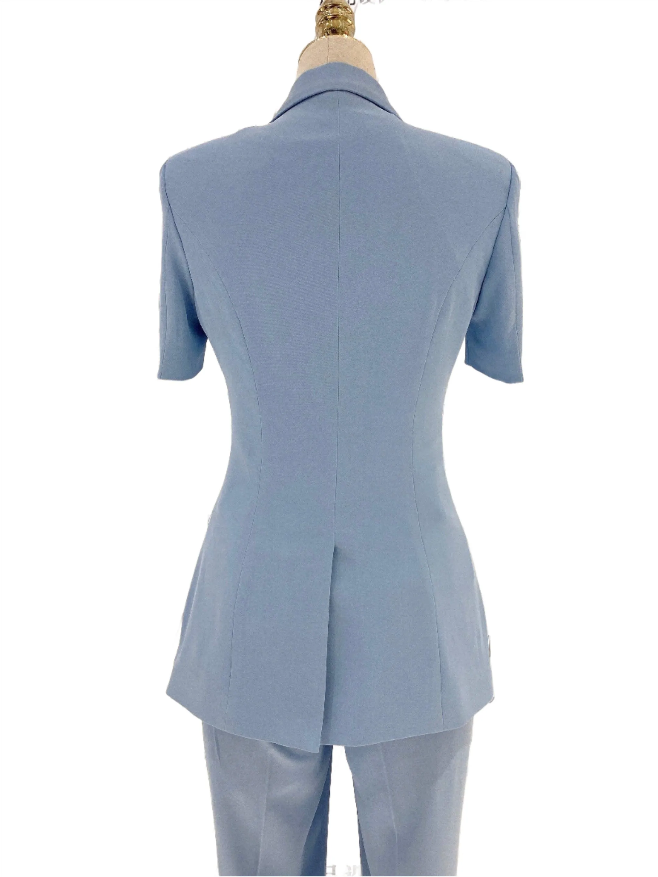 Light Blue Short Sleeve Slim Pant Suit - Thin Fabric