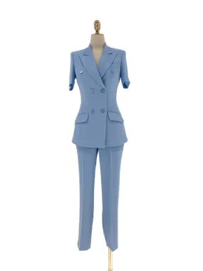 Light Blue Short Sleeve Slim Pant Suit - Thin Fabric