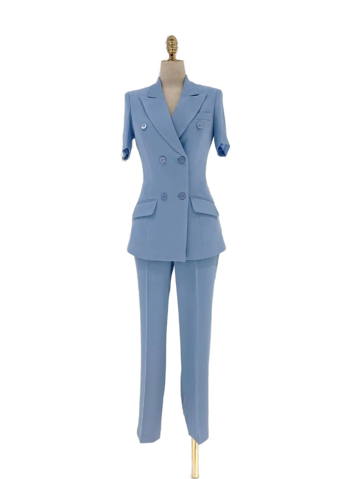 Light Blue Short Sleeve Slim Pant Suit - Thin Fabric