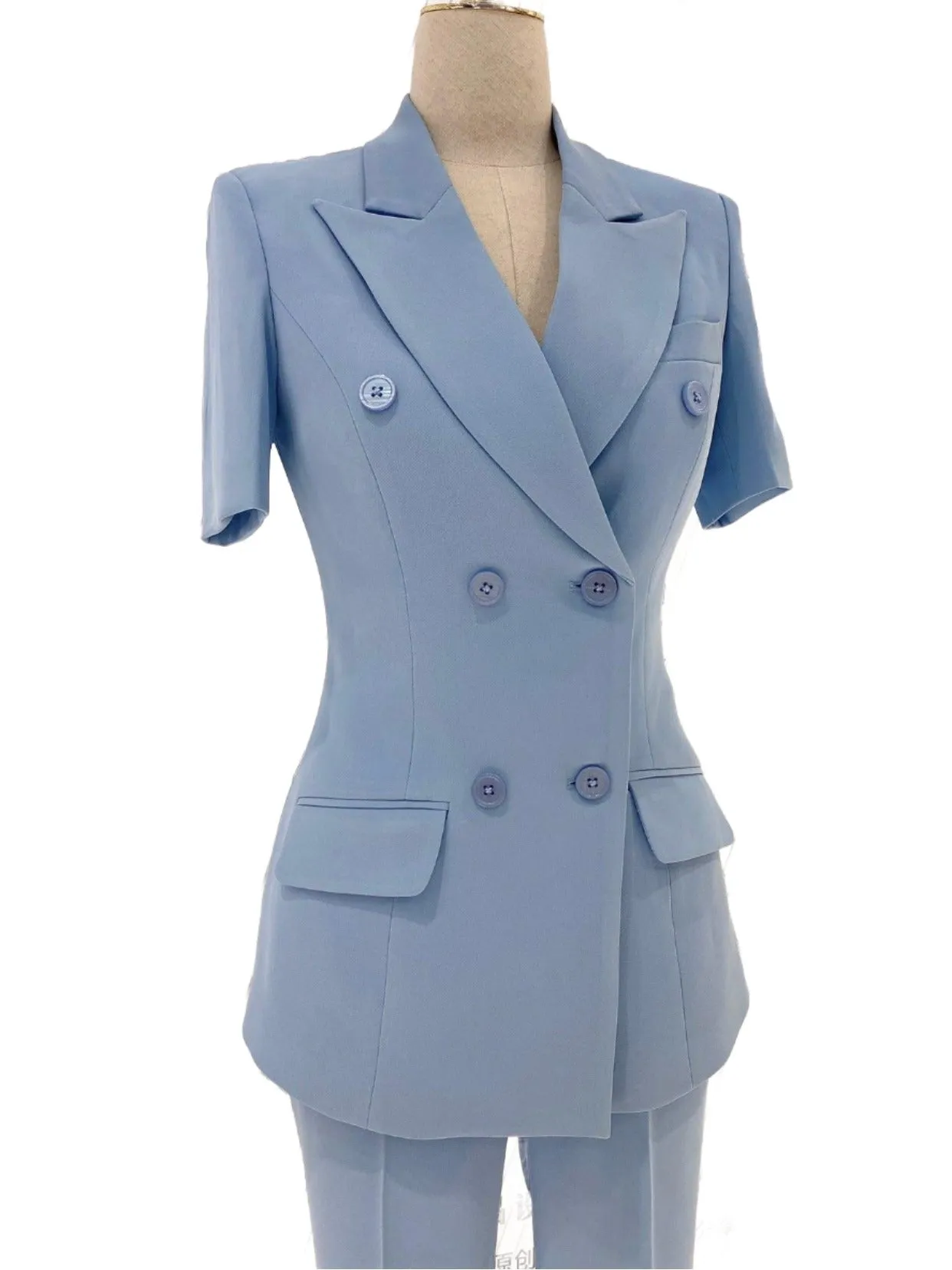 Light Blue Short Sleeve Slim Pant Suit - Thin Fabric