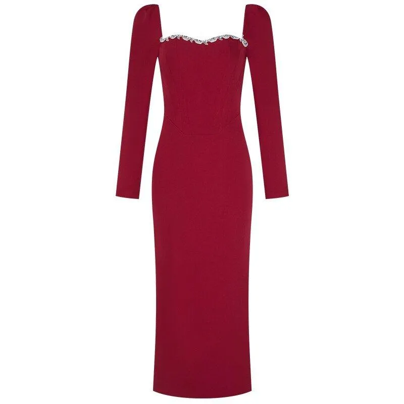 Luxury Red Elegant Square Collar long Sleeve midi pencil dress - Juika