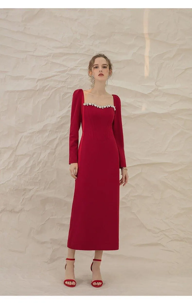 Luxury Red Elegant Square Collar long Sleeve midi pencil dress - Juika