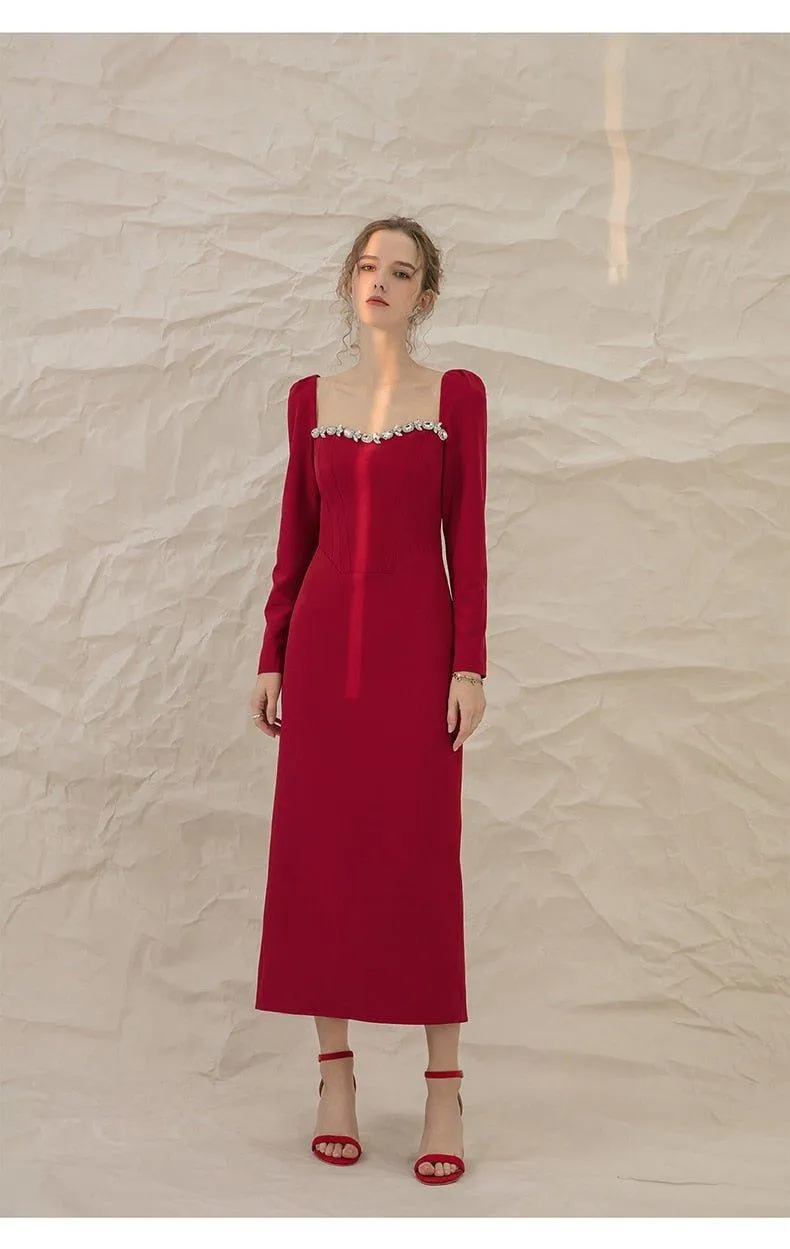 Luxury Red Elegant Square Collar long Sleeve midi pencil dress - Juika