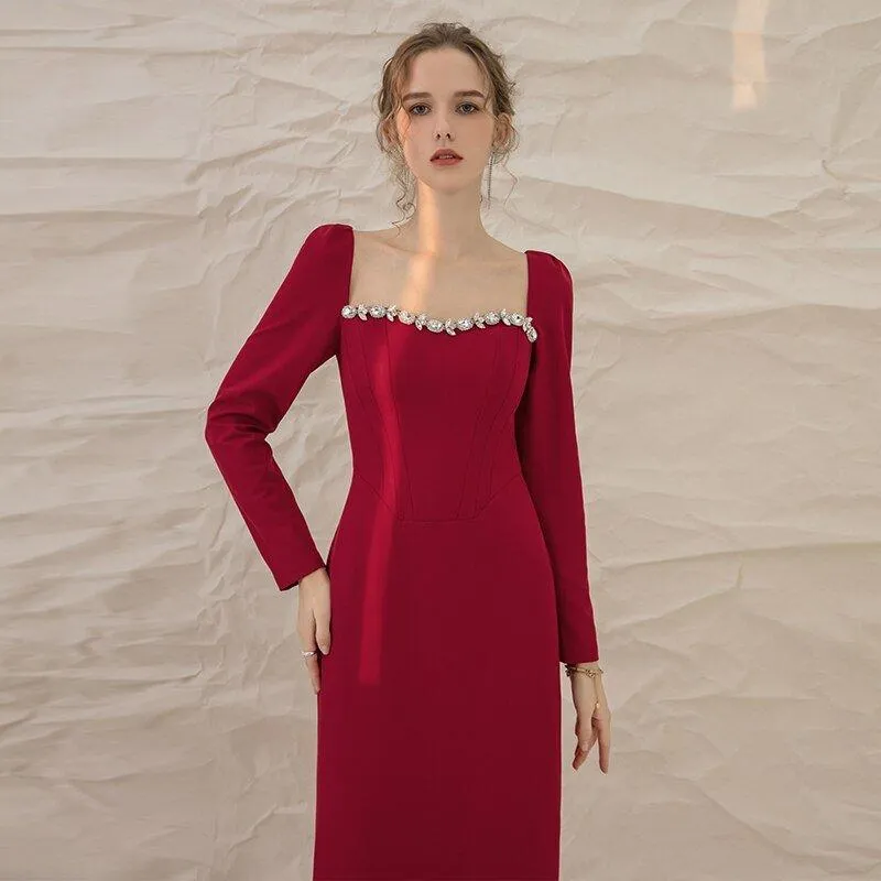 Luxury Red Elegant Square Collar long Sleeve midi pencil dress - Juika