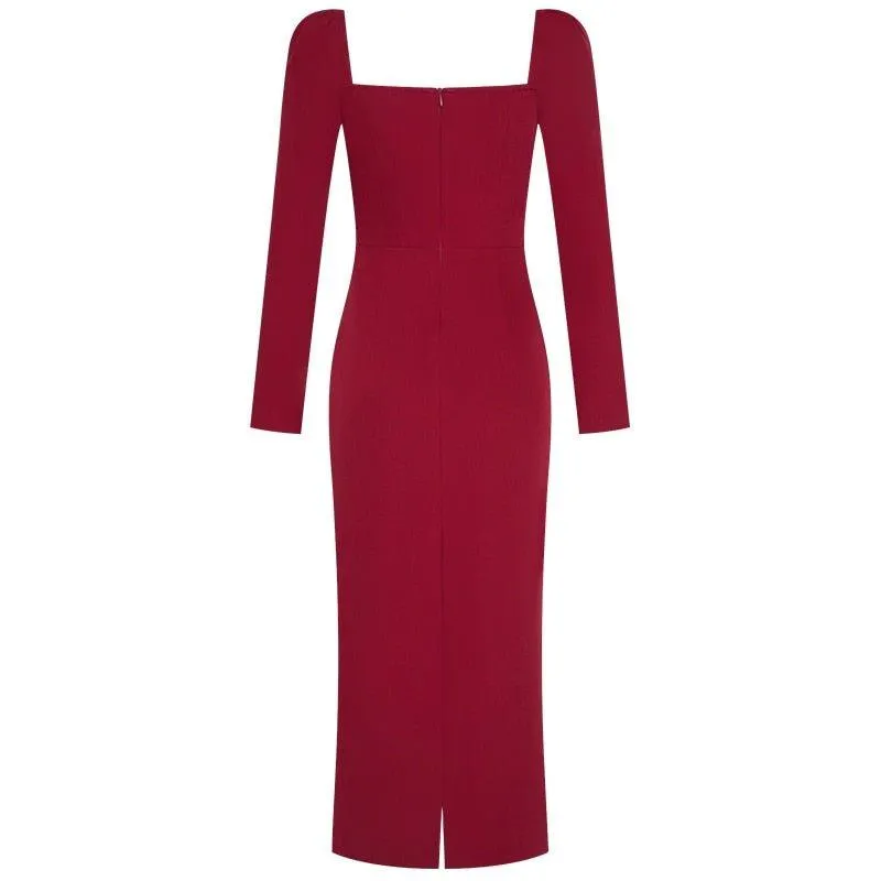 Luxury Red Elegant Square Collar long Sleeve midi pencil dress - Juika