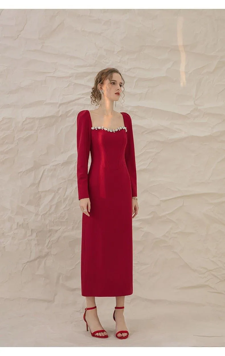 Luxury Red Elegant Square Collar long Sleeve midi pencil dress - Juika