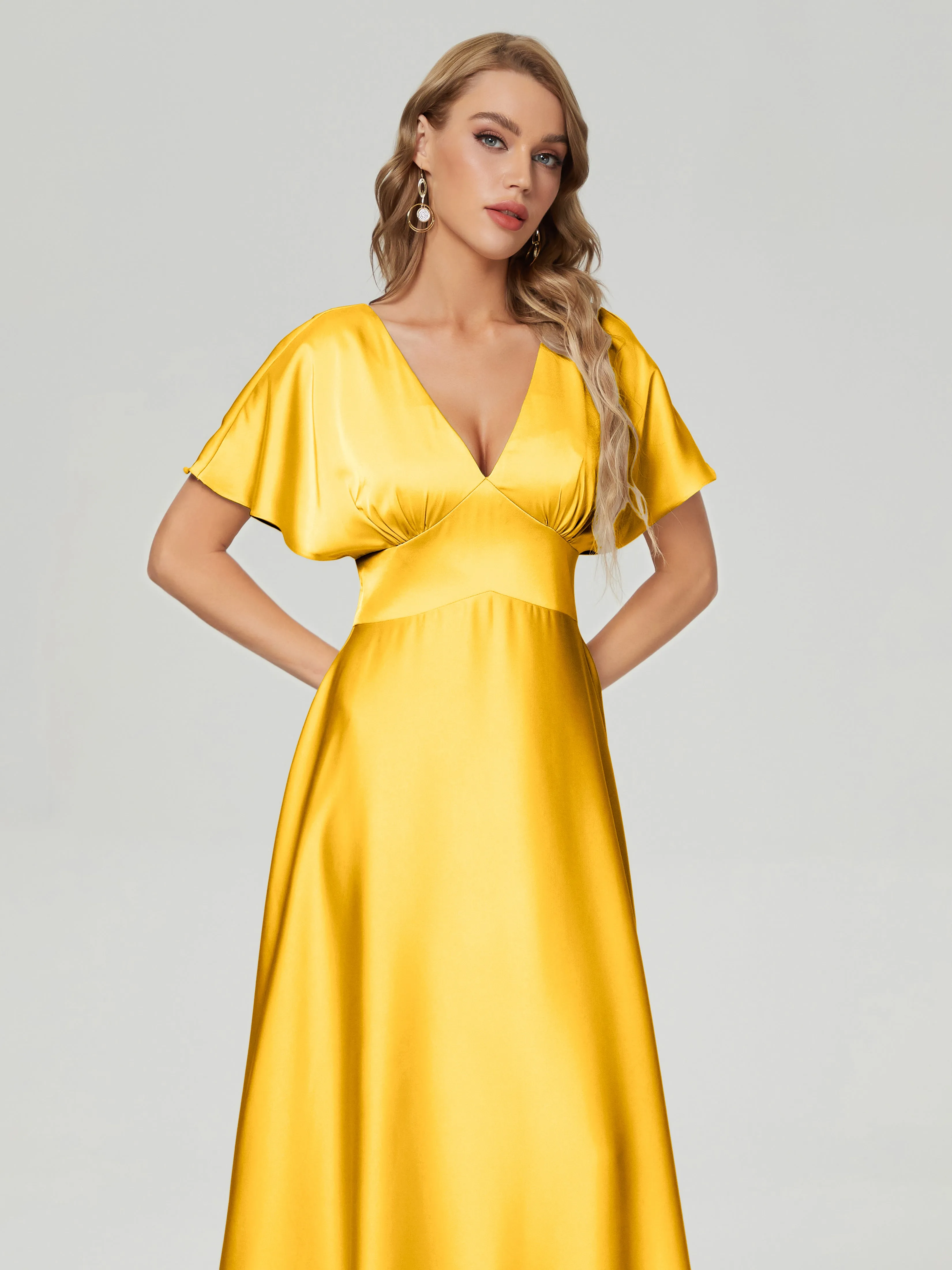 Marigold Bridesmaid Dress Ariah Modest V Neck Short Sleeves Soft Satin Dresses