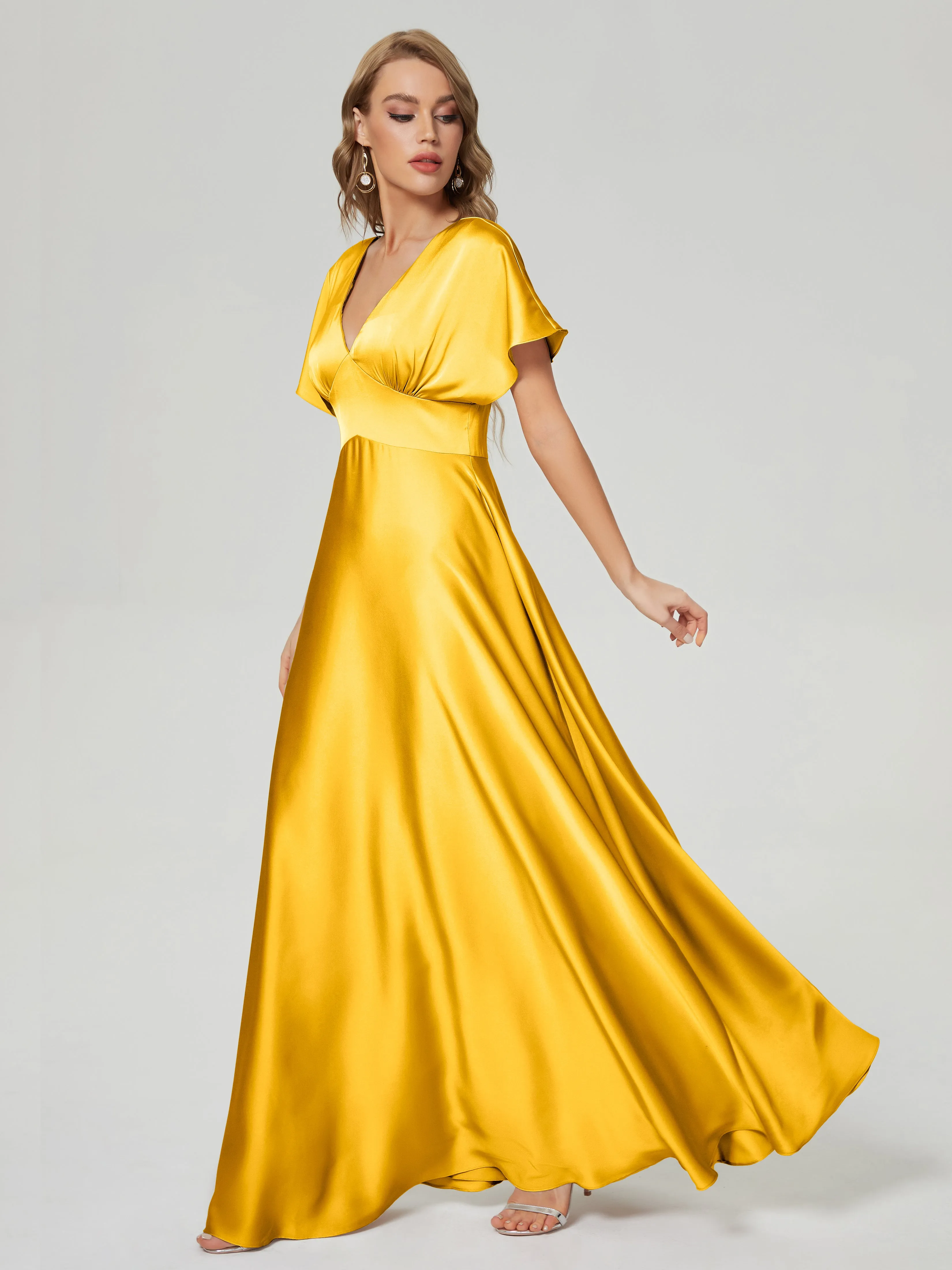 Marigold Bridesmaid Dress Ariah Modest V Neck Short Sleeves Soft Satin Dresses