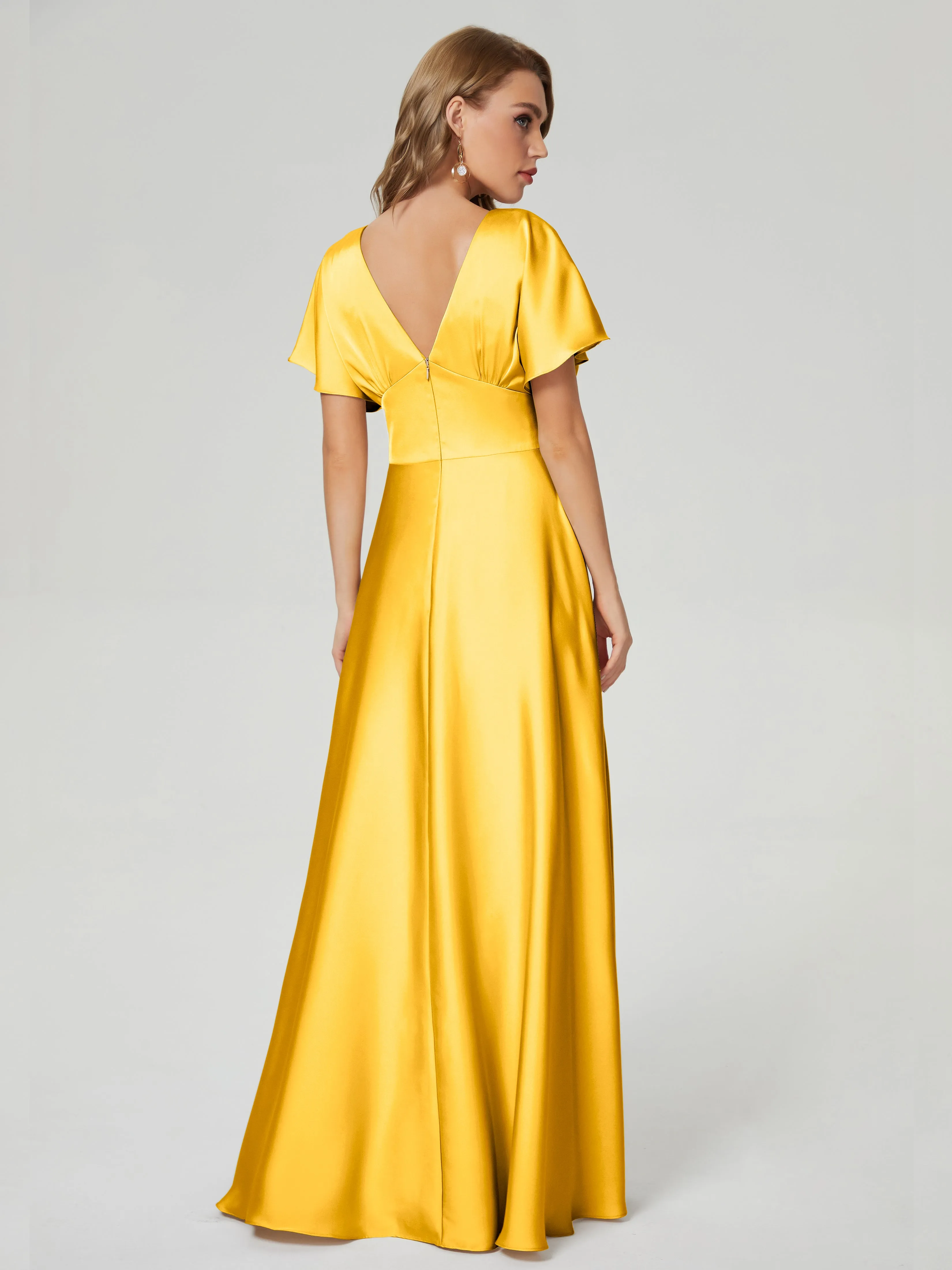 Marigold Bridesmaid Dress Ariah Modest V Neck Short Sleeves Soft Satin Dresses