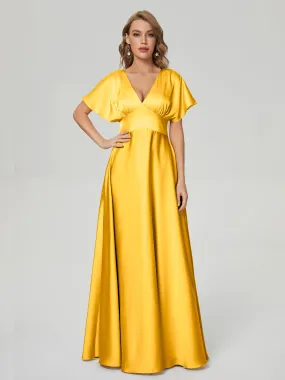 Marigold Bridesmaid Dress Ariah Modest V Neck Short Sleeves Soft Satin Dresses