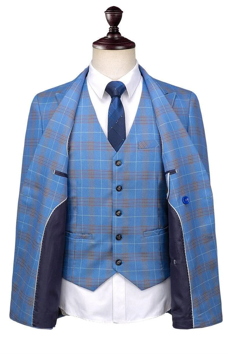 Men Suit - Blue Plaid Double-Breasted Suit