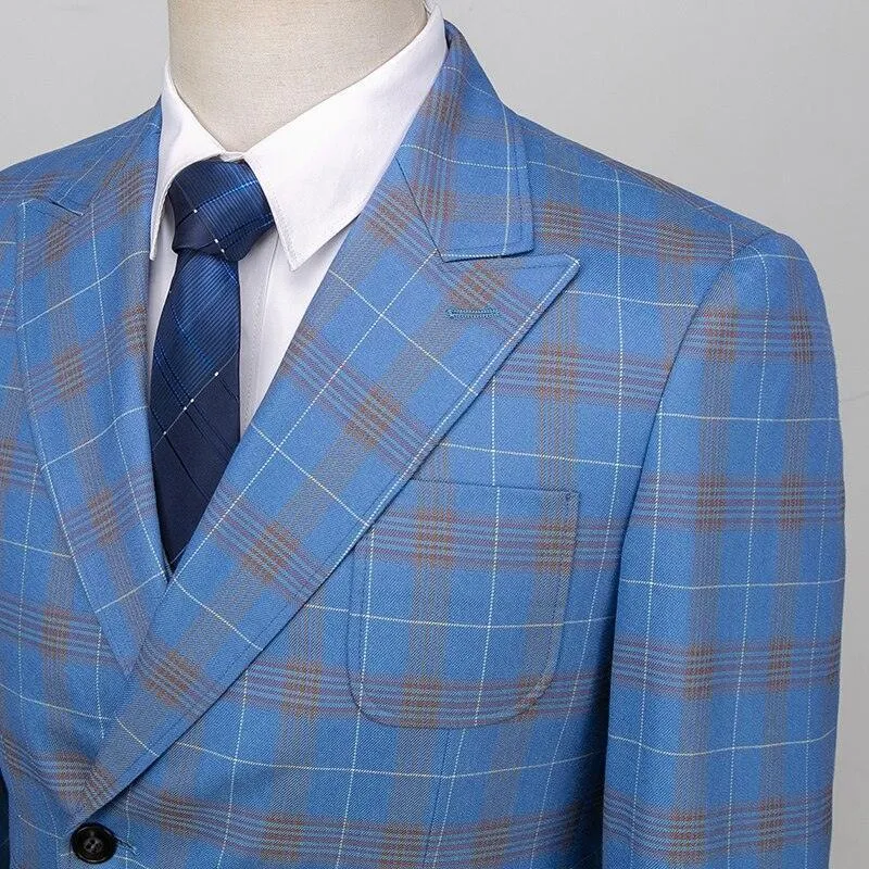 Men Suit - Blue Plaid Double-Breasted Suit