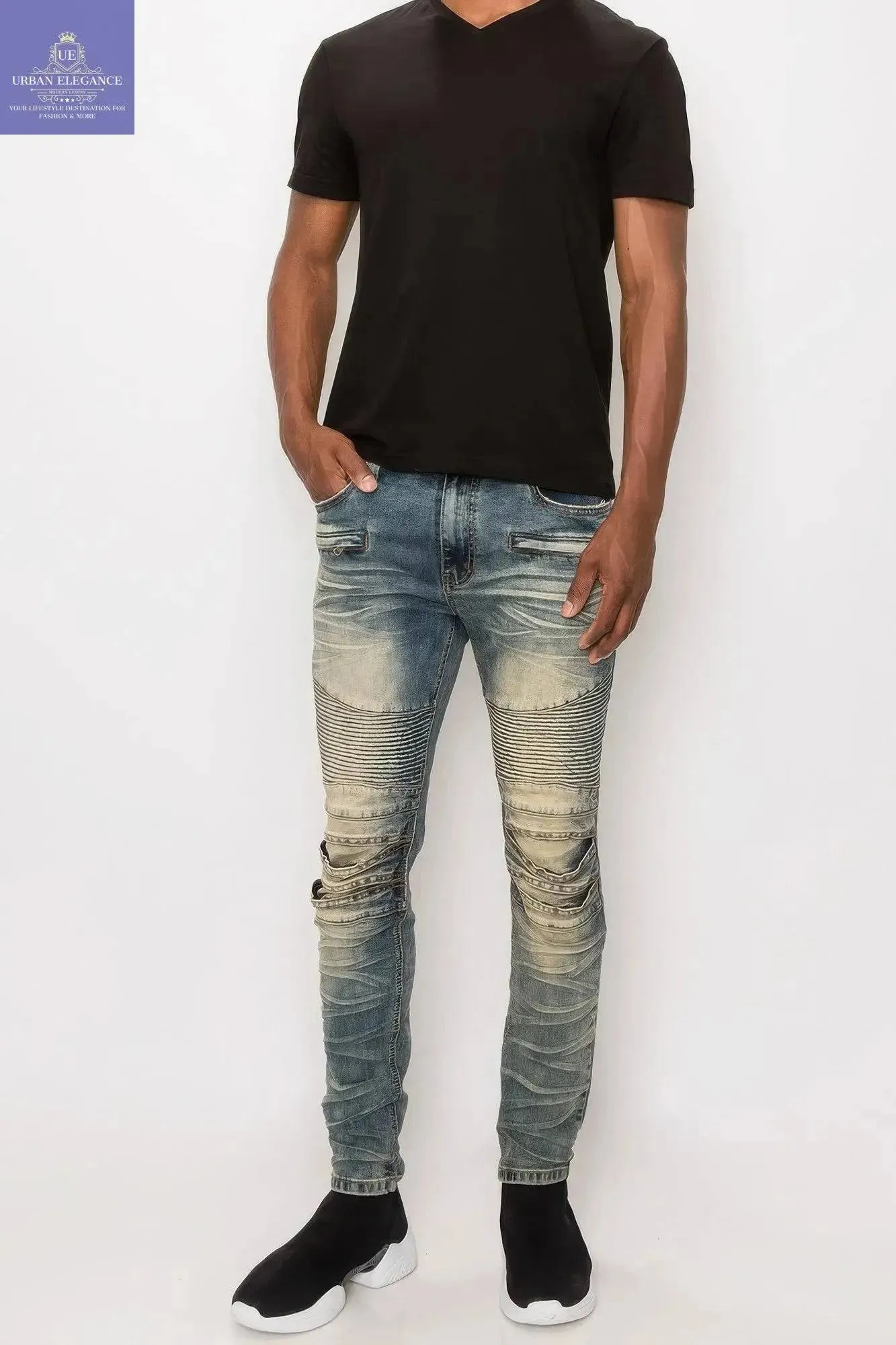 Men's Edgy Creased Biker Denim Trousers