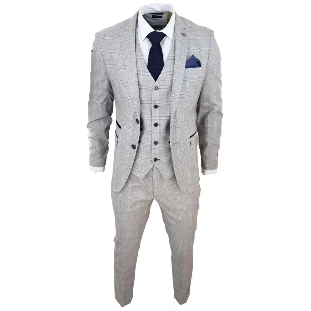 Mens Light Grey 3 Piece Suit Navy Blue Check Velvet Trims Wedding Tailored Fit Classic