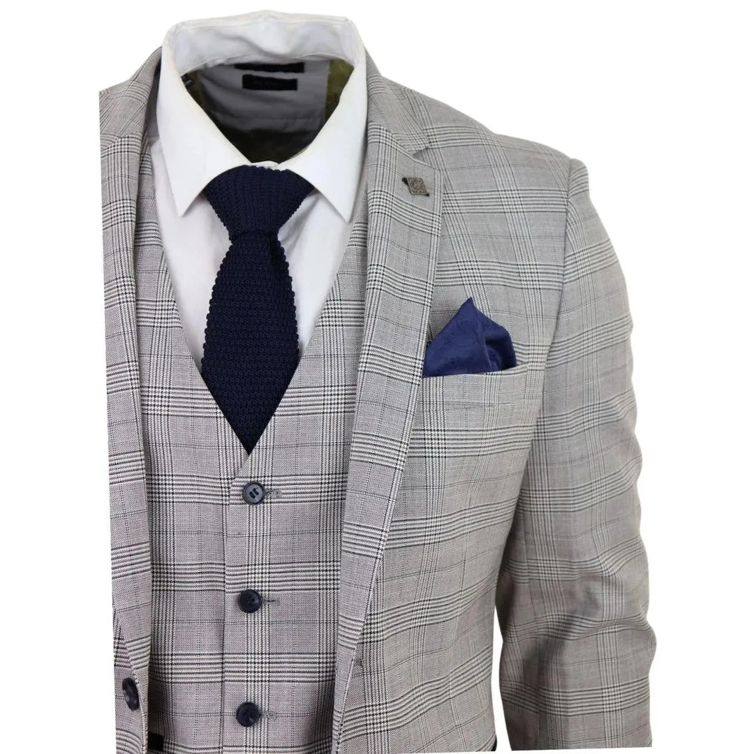 Mens Light Grey 3 Piece Suit Navy Blue Check Velvet Trims Wedding Tailored Fit Classic