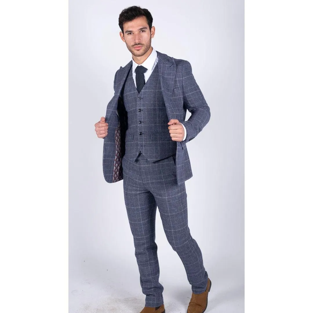 Mens Tweed Wool Check Suit 3 Piece Vintage Classic Blue Grey Tailored Fit