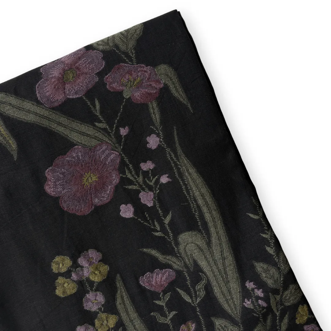 Midnight Black Wild Flowers Woven Pure Linen Kurta Fabric (2.5 Meters) | and Cotton Pyjama (2.5 Meters) | Unstitched Combo Set