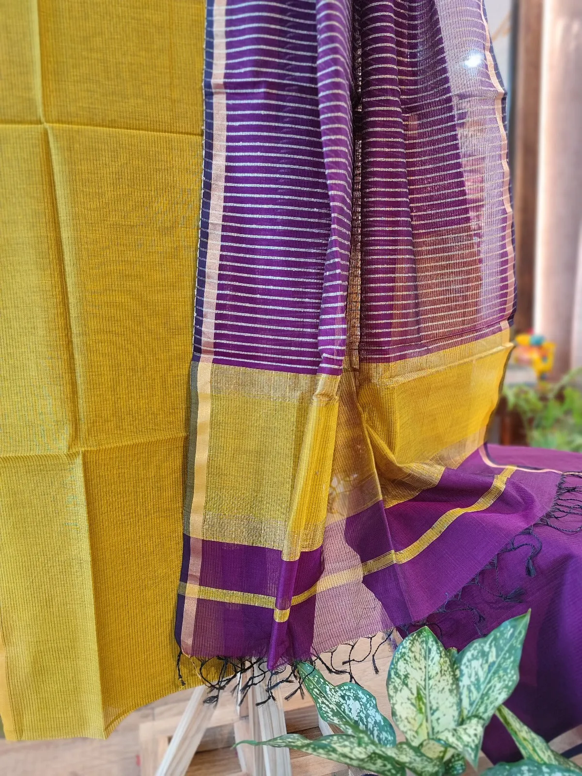 Mustard Yellow & Violet Maheshwari Silk Suit Set