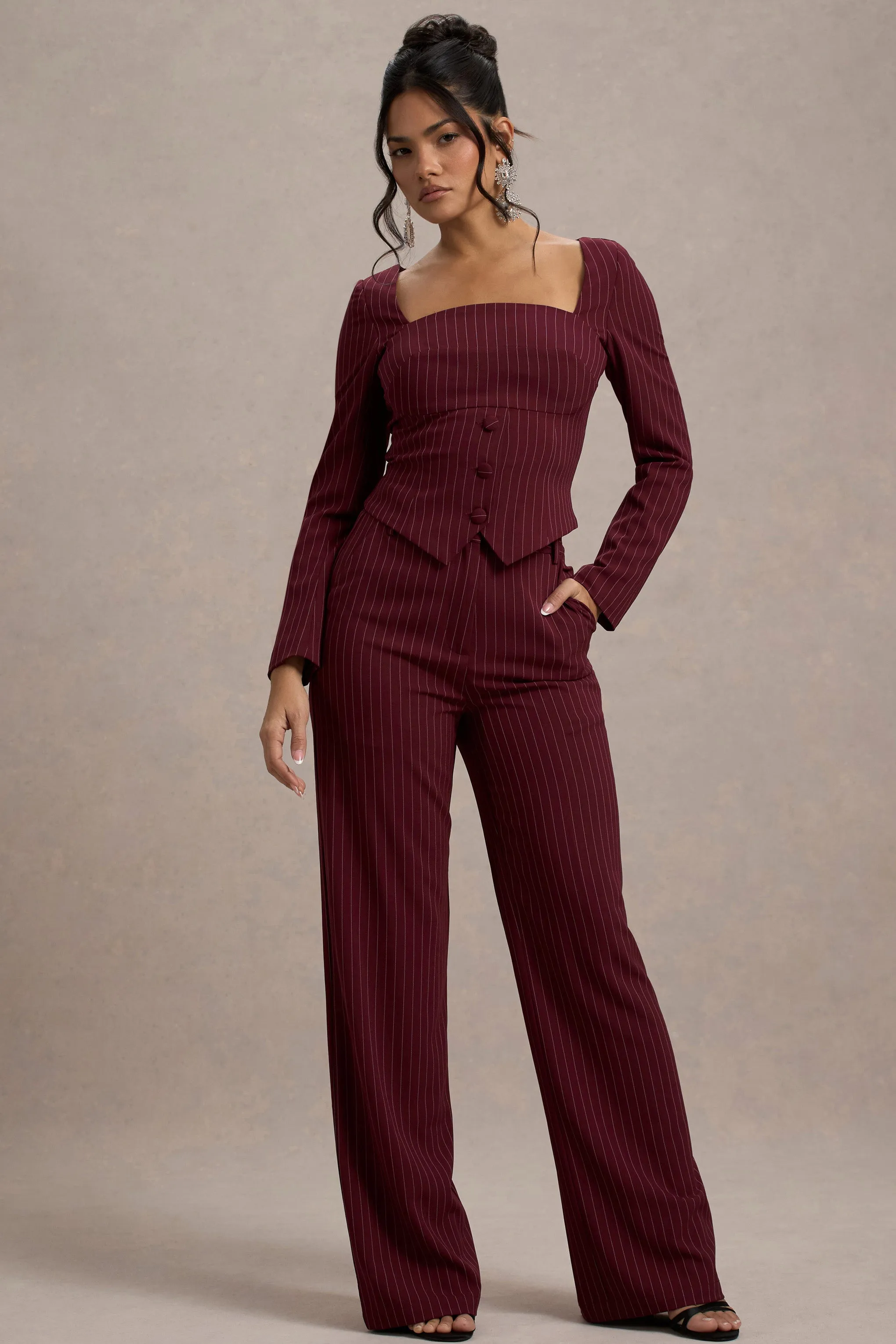 New York | Wine Pinstripe Tailored Wide-Leg Trousers