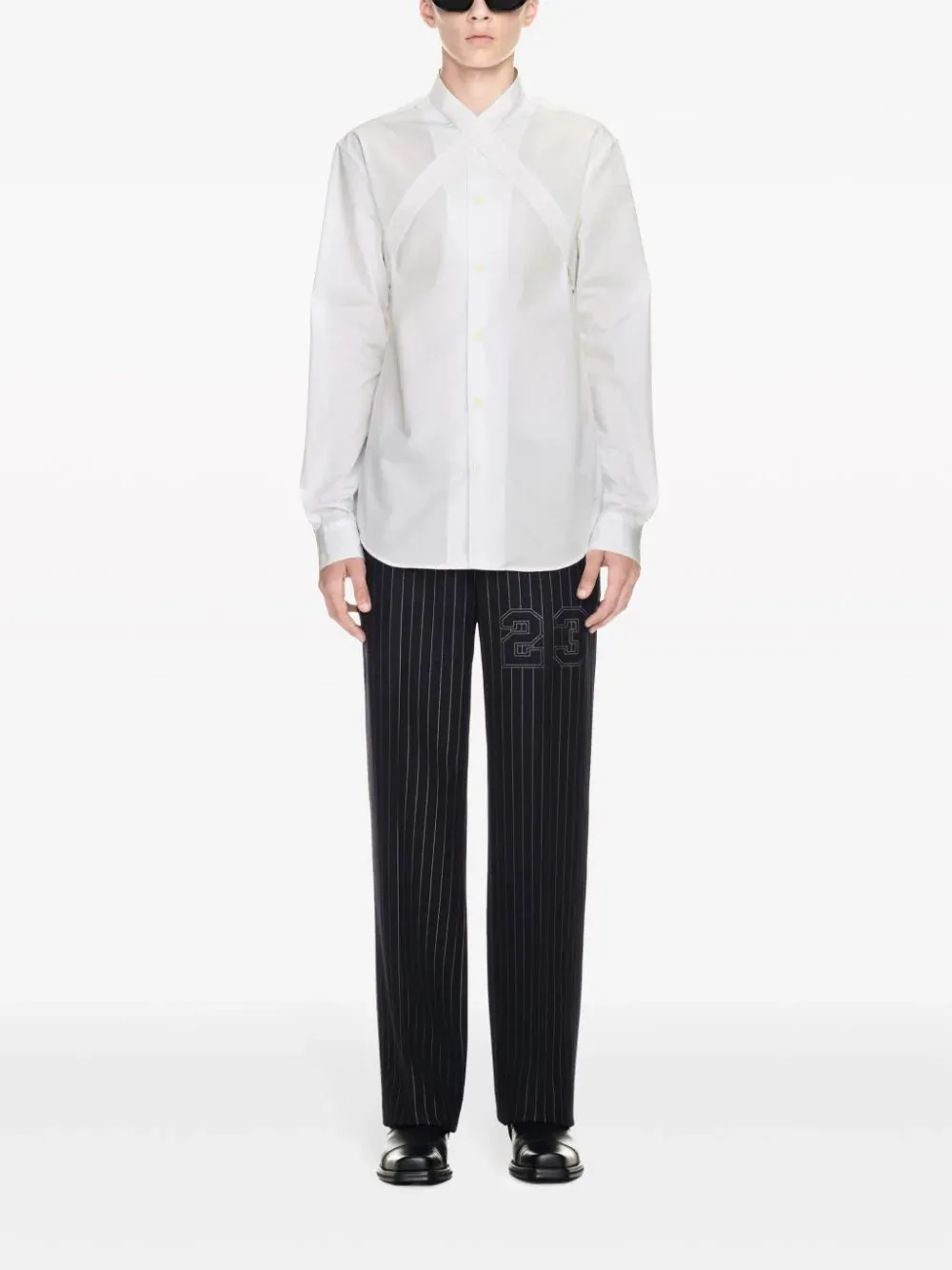 Number-Print Pinstriped Slim-Cut Trousers