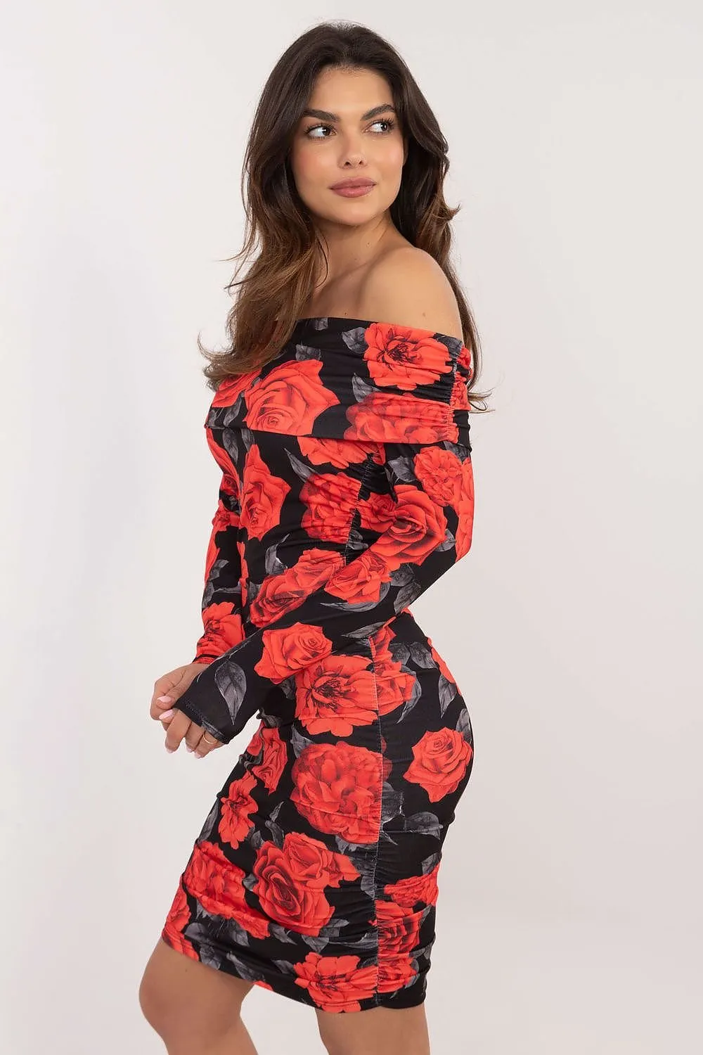 Open Shoulder Floral Pattern Evening Dress