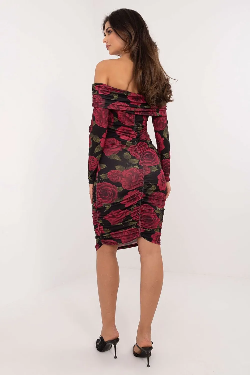 Open Shoulder Floral Pattern Evening Dress