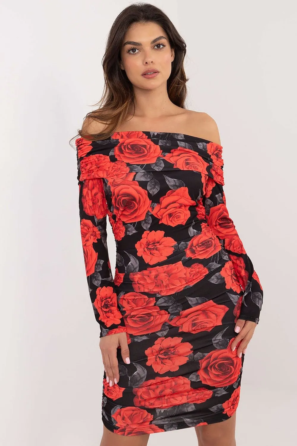 Open Shoulder Floral Pattern Evening Dress