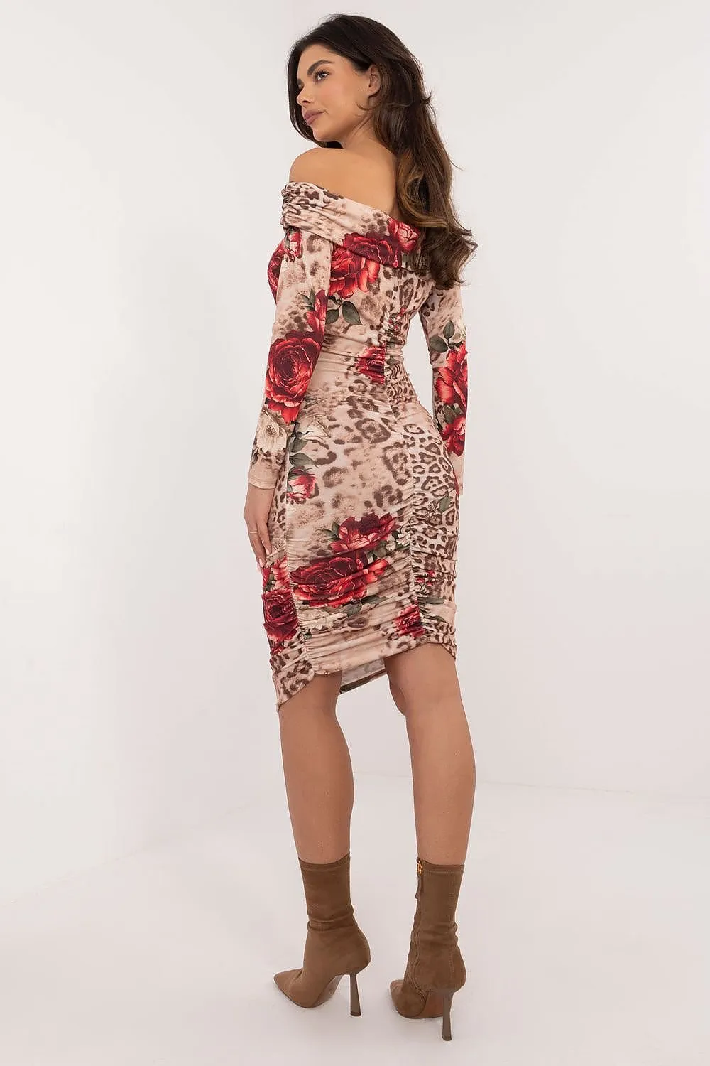 Open Shoulder Floral Pattern Evening Dress