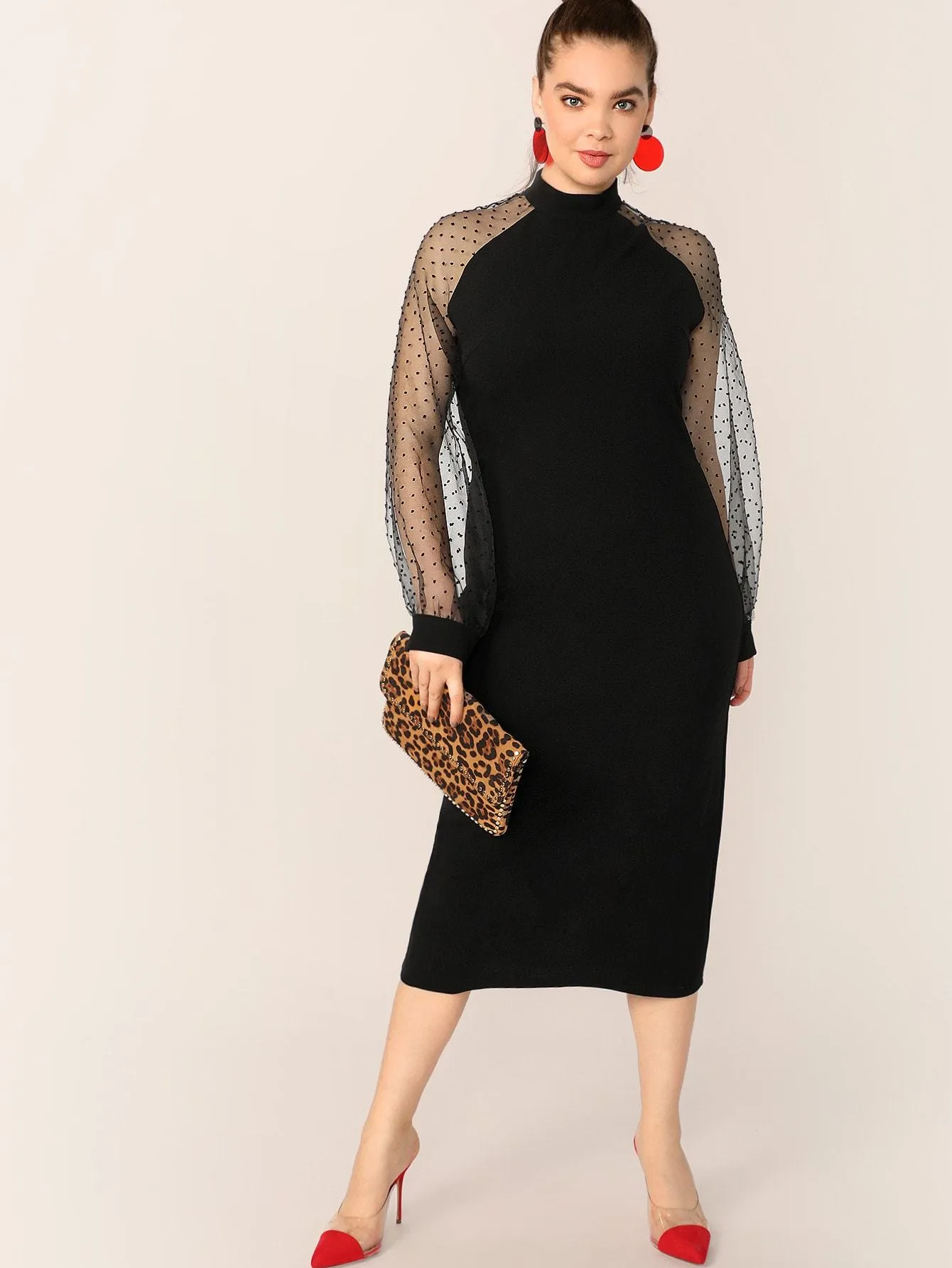 Plus Dot Mesh Raglan Sleeve Split Pencil Dress