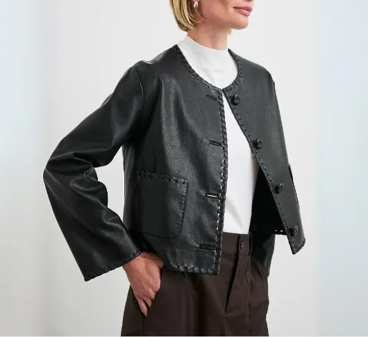 Rails - Faux Leather Blanket Stitch Jacket in Black