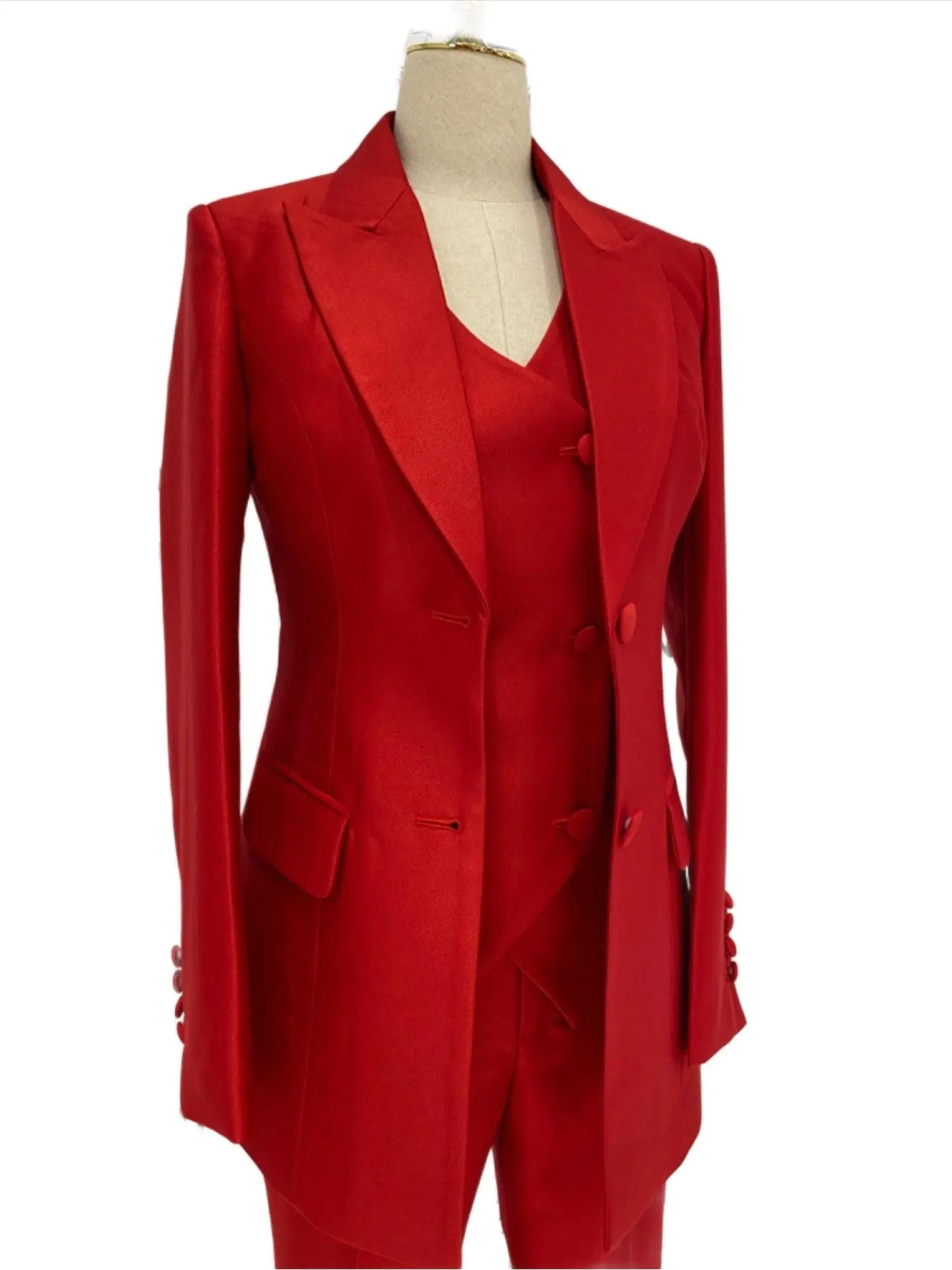 Red Three-piece Trouser Suit  - Slim Fit Women Suit