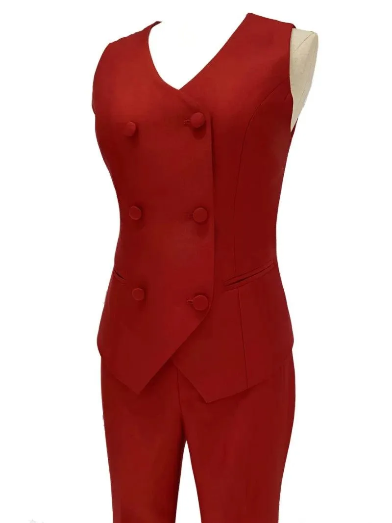 Red Three-piece Trouser Suit  - Slim Fit Women Suit