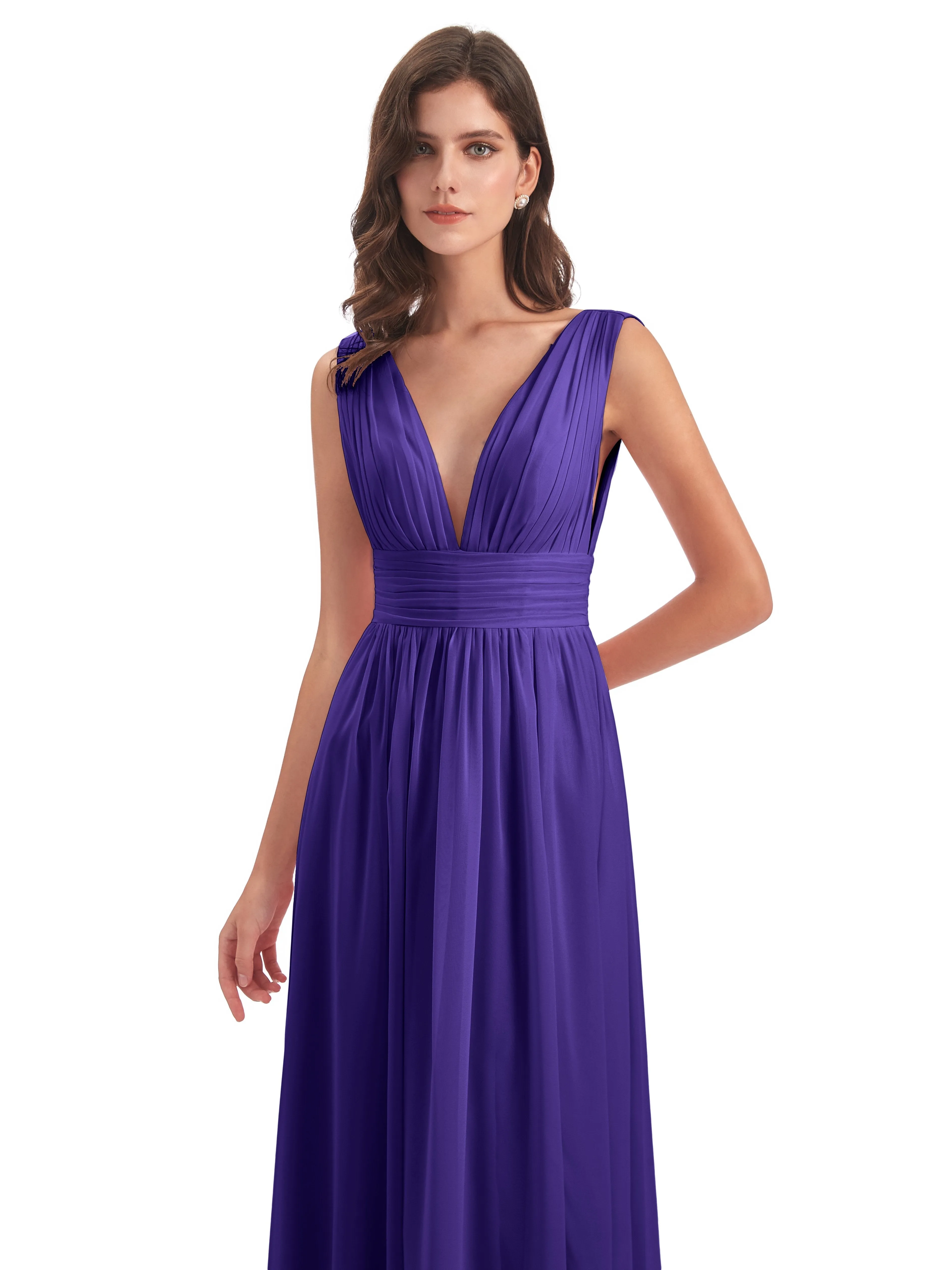 Regency Purple Bridesmaid Dresses Charming Chiffon V Neck Split Long Bridesmaid Dresses