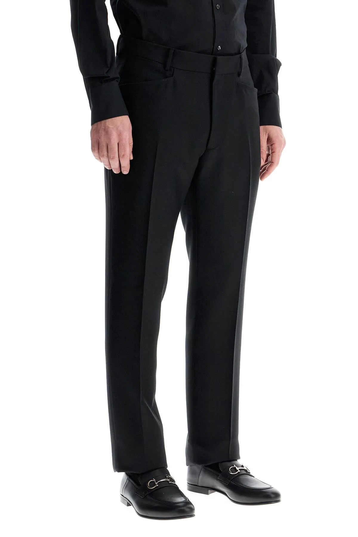 REGULAR FIT BLACK WOOL AND SILK TROUSERS