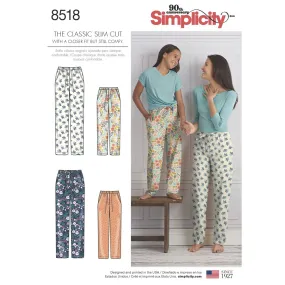 Simplicity Pattern 8518 Girls' and Misses' Slim Fit Lounge Trousers