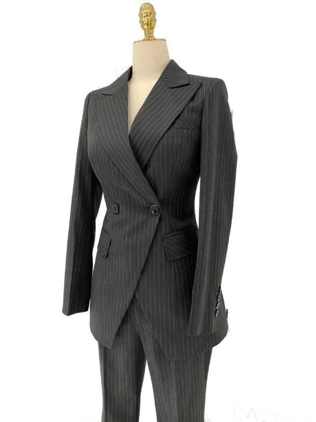 Striped Women Pant Suit - Grey Double Breasted Trouser Suit