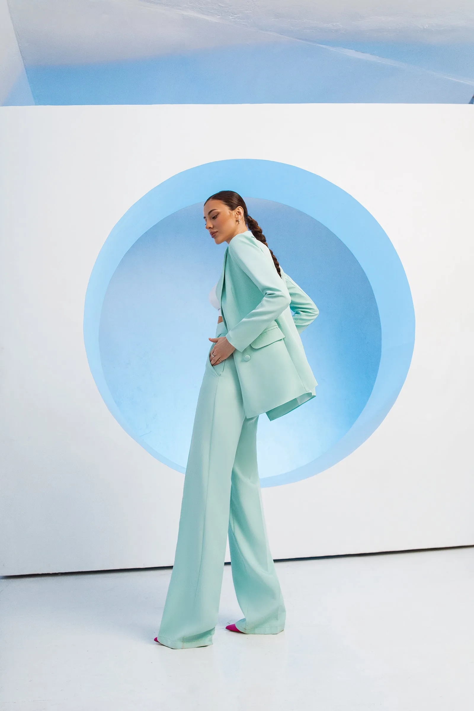 Tiffany-Blue Belted Double Breasted Suit 2-Piece