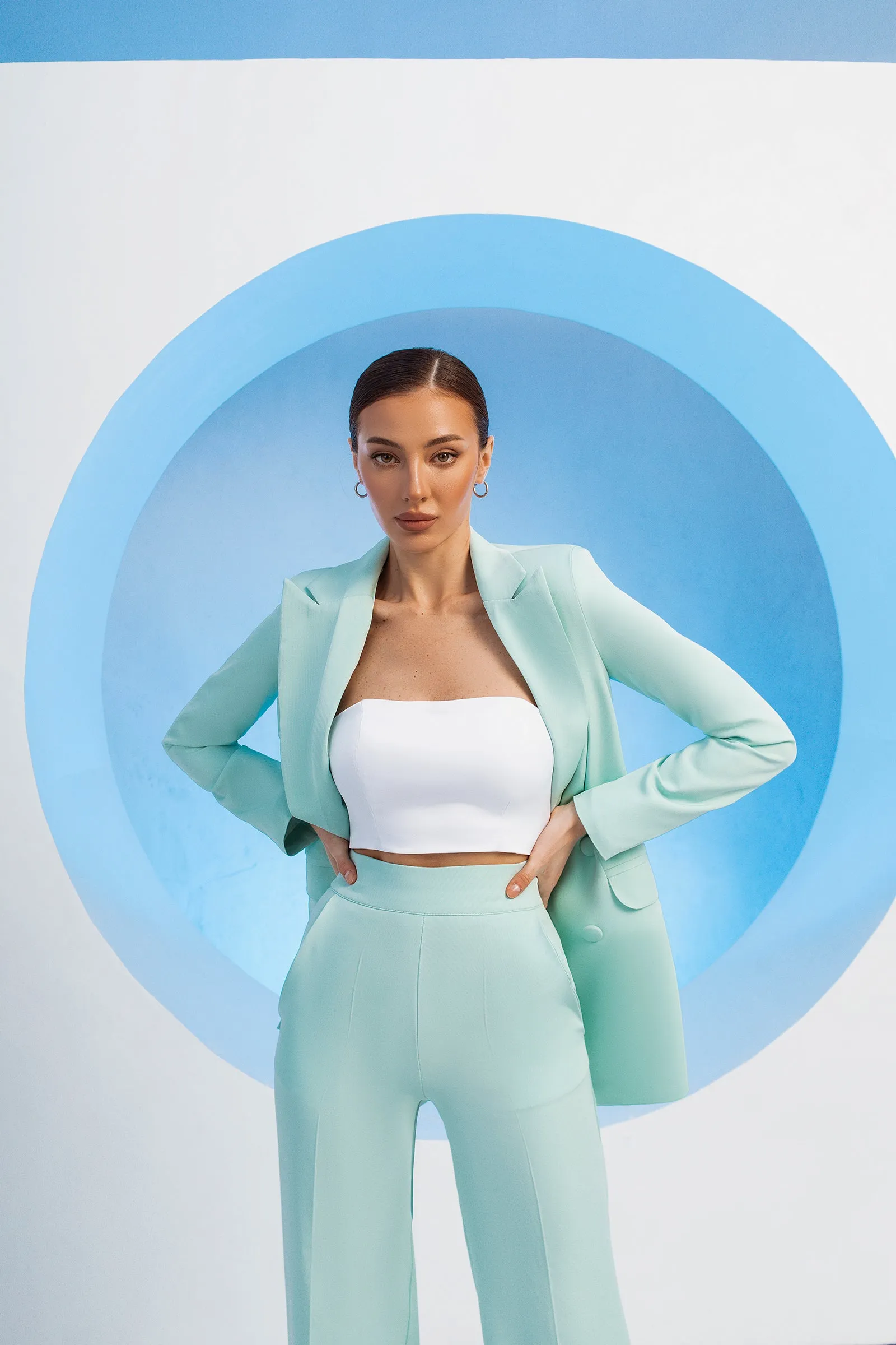 Tiffany-Blue Belted Double Breasted Suit 2-Piece