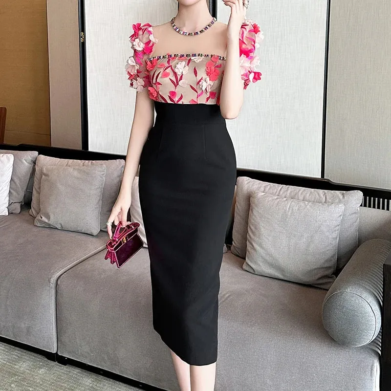 Trend4us Women's Elegant 3D Flower Midi Pencil Dress