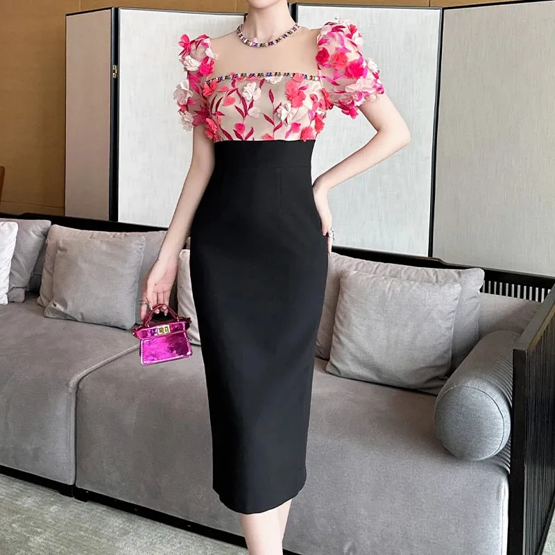 Trend4us Women's Elegant 3D Flower Midi Pencil Dress